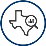 Research is represented by an outline of Texas underneath a magnifying glass with a bar graph